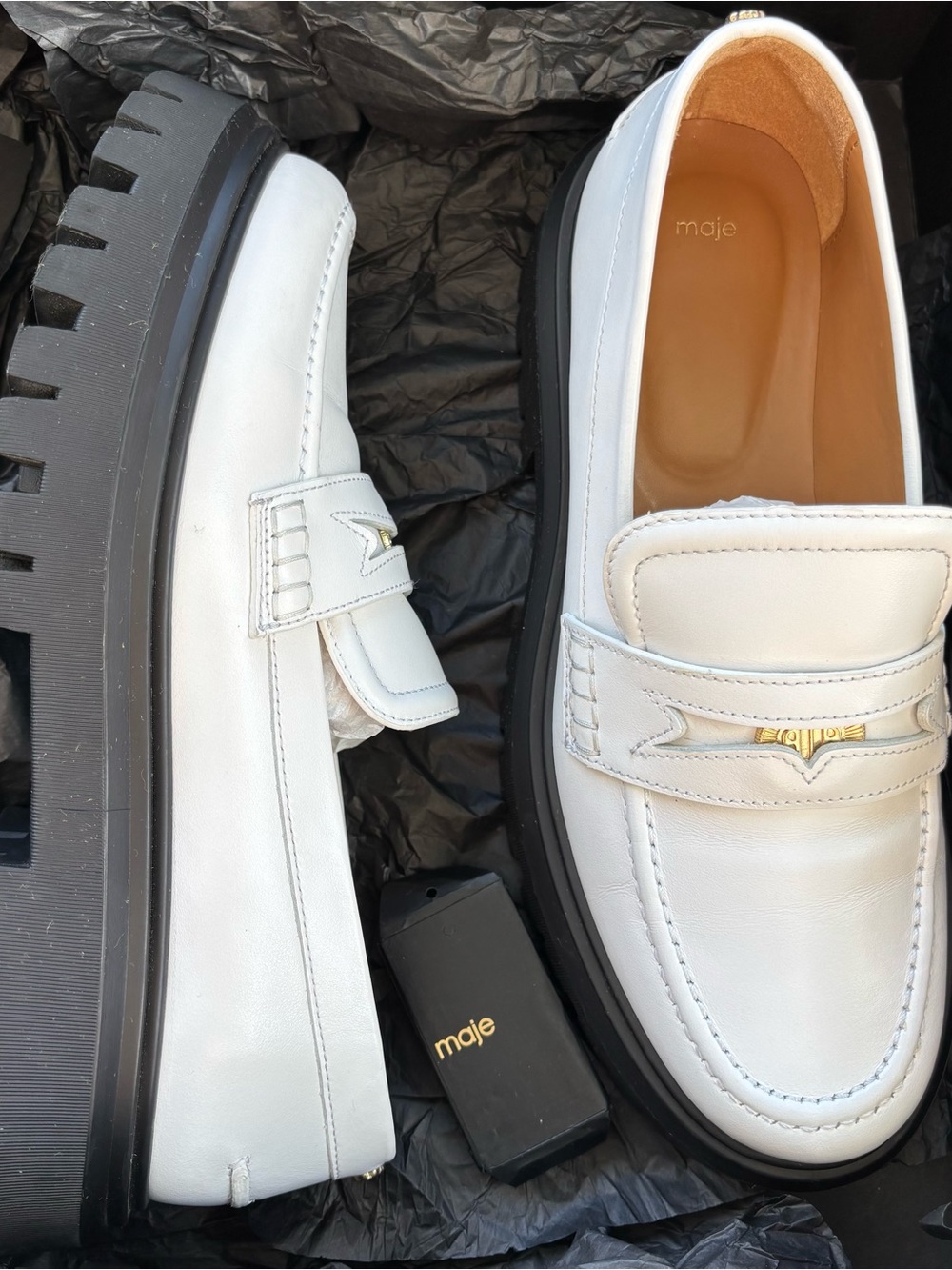 Maje White Leather Penny Loafers with Black Soles